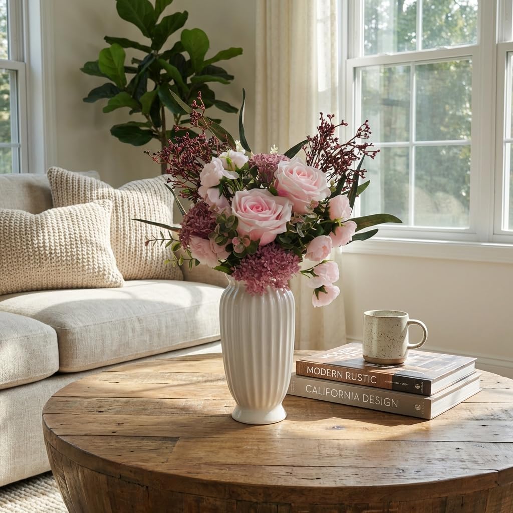 White Ceramic Vase, 9.1 Inch Water Safe Vase for Fresh Flowers, Farmhouse Home Decor Table Centerpieces for Living Room Cabinet Wedding (Rustro 9'')