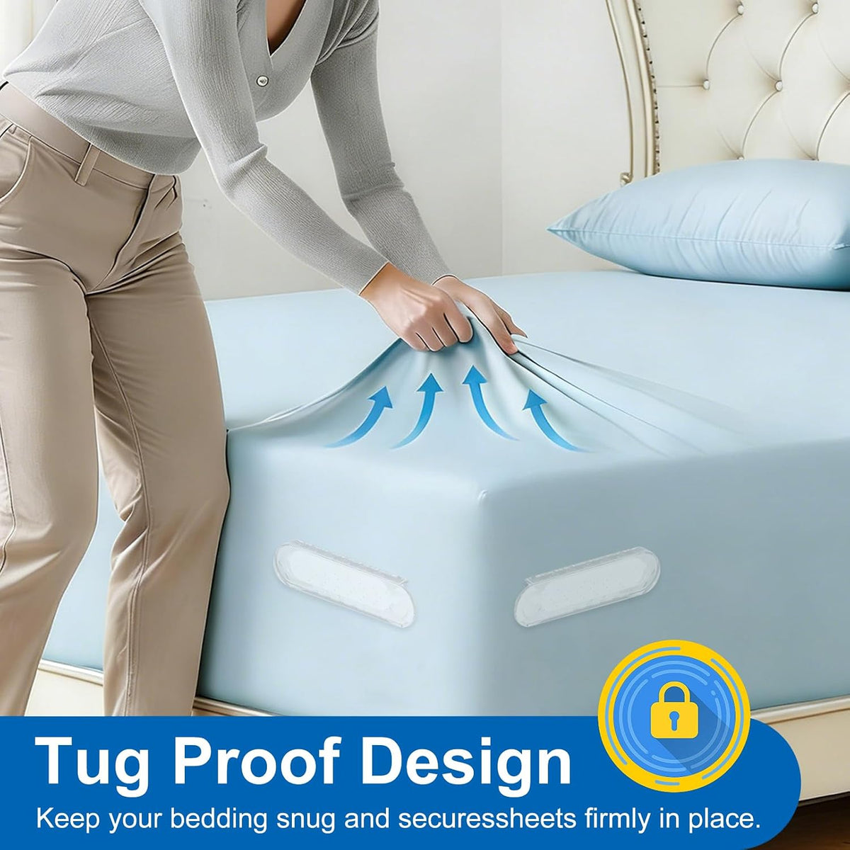 Bed Sheet Holders for Corners, Upgraded Dual-Side Lock Design Sheet Grippers, 4Pcs Heavy Duty Non-Slip Fitted Sheet Clips, Keep Sheets Firm & Tight, Universal Fit for All Mattresses, Easy Installation