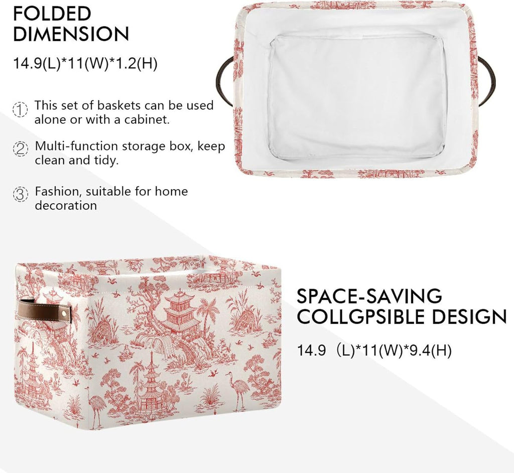 Chinoiserie Style Storage Baskets,Decorative Collapsible Rectangular Canvas Fabric Storage Bin for Home, 2PACK