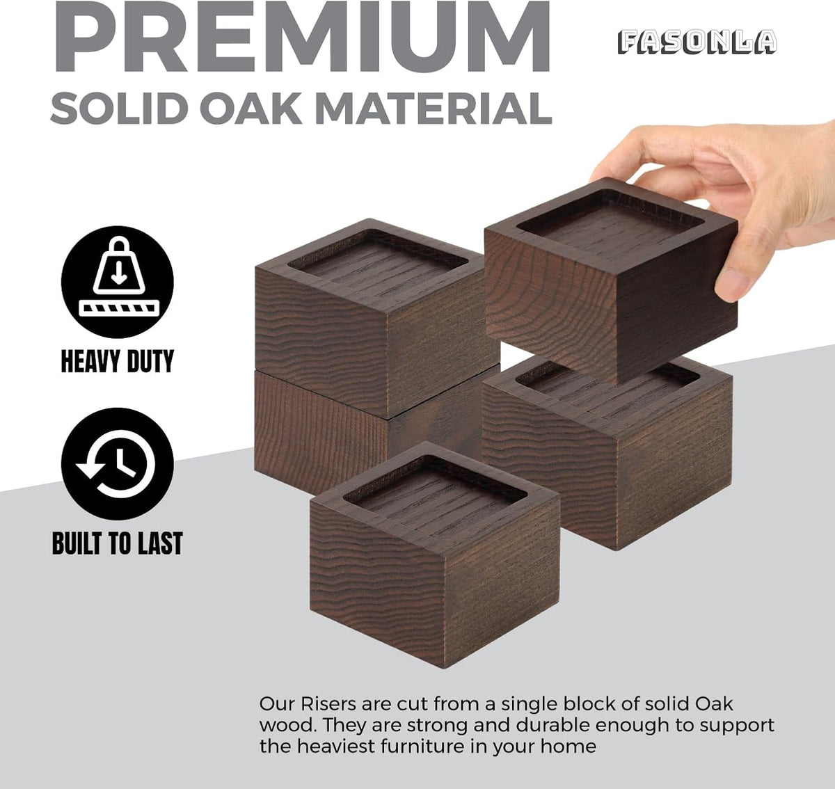 FASONLA Bed Risers (Set of 8) Furniture Risers Lifts Height 2", Oak Solid Wooden Risers for Bed, Furniture, Table, Sofa, Chair Risers with Non-Slip Recessed Hole (8pcs-2" Hight-Walnut Color)