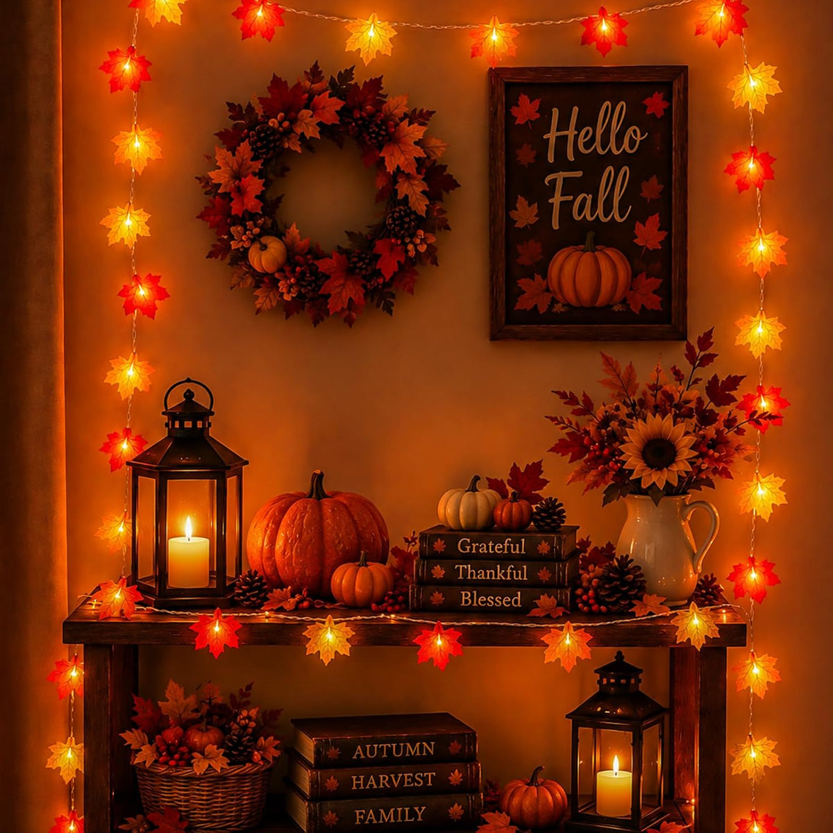 YEGUO 2 Packs Thanksgiving Decorations for Home, Fall Lights Battery Operated, Total 20ft 40 LED Lighted Fall Garland Maple Leaves Four Color for Holiday Autumn Harvest Thanksgiving Halloween Decor