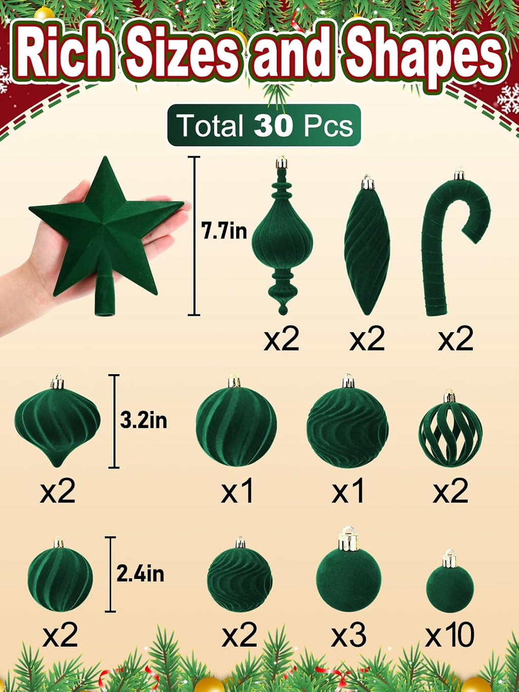 Acostop Green Velvet Star Christmas Tree Topper & Ornaments Set, 30Pcs