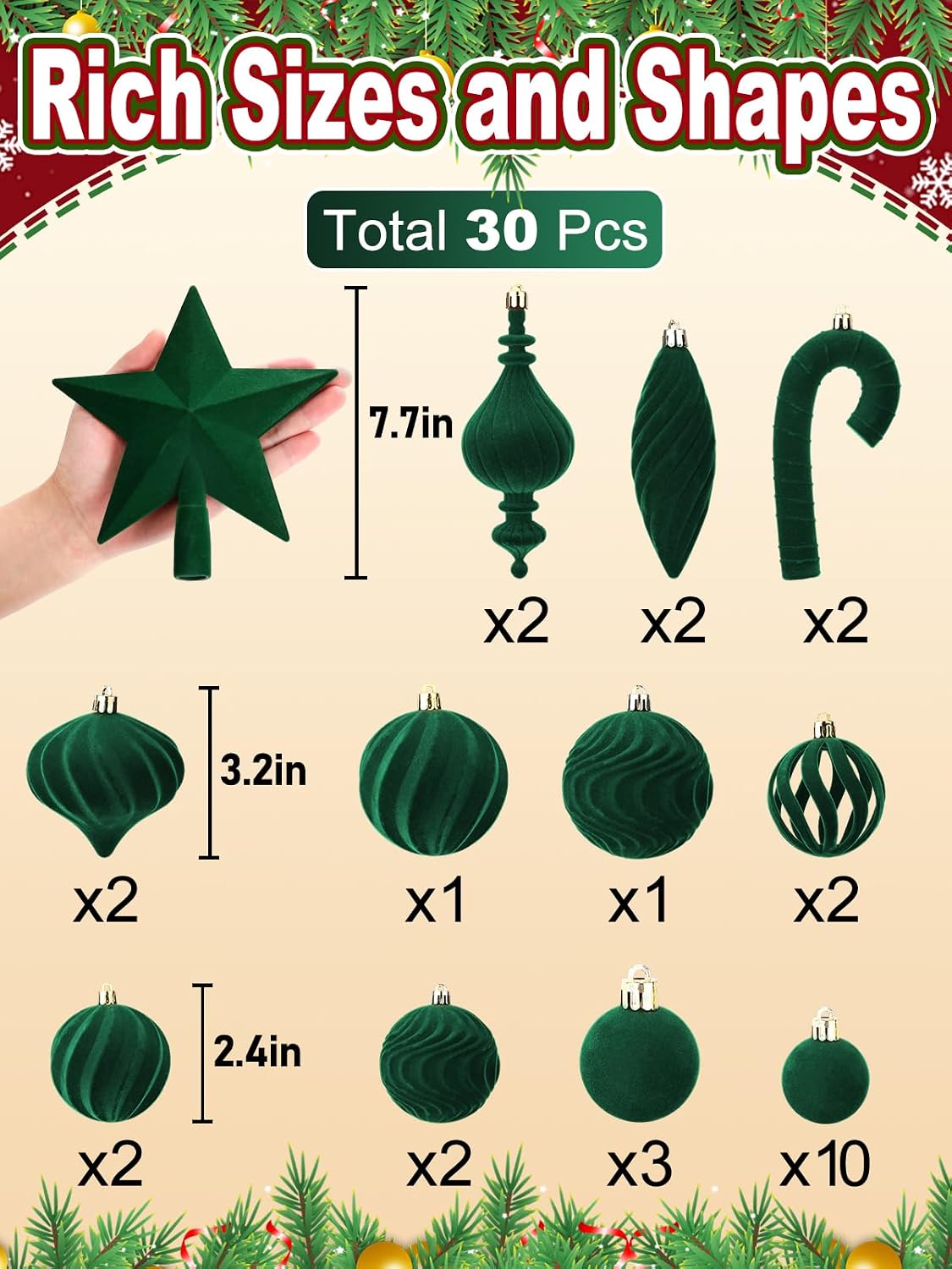 Acostop Green Velvet Star Christmas Tree Topper & Ornaments Set, 30Pcs
