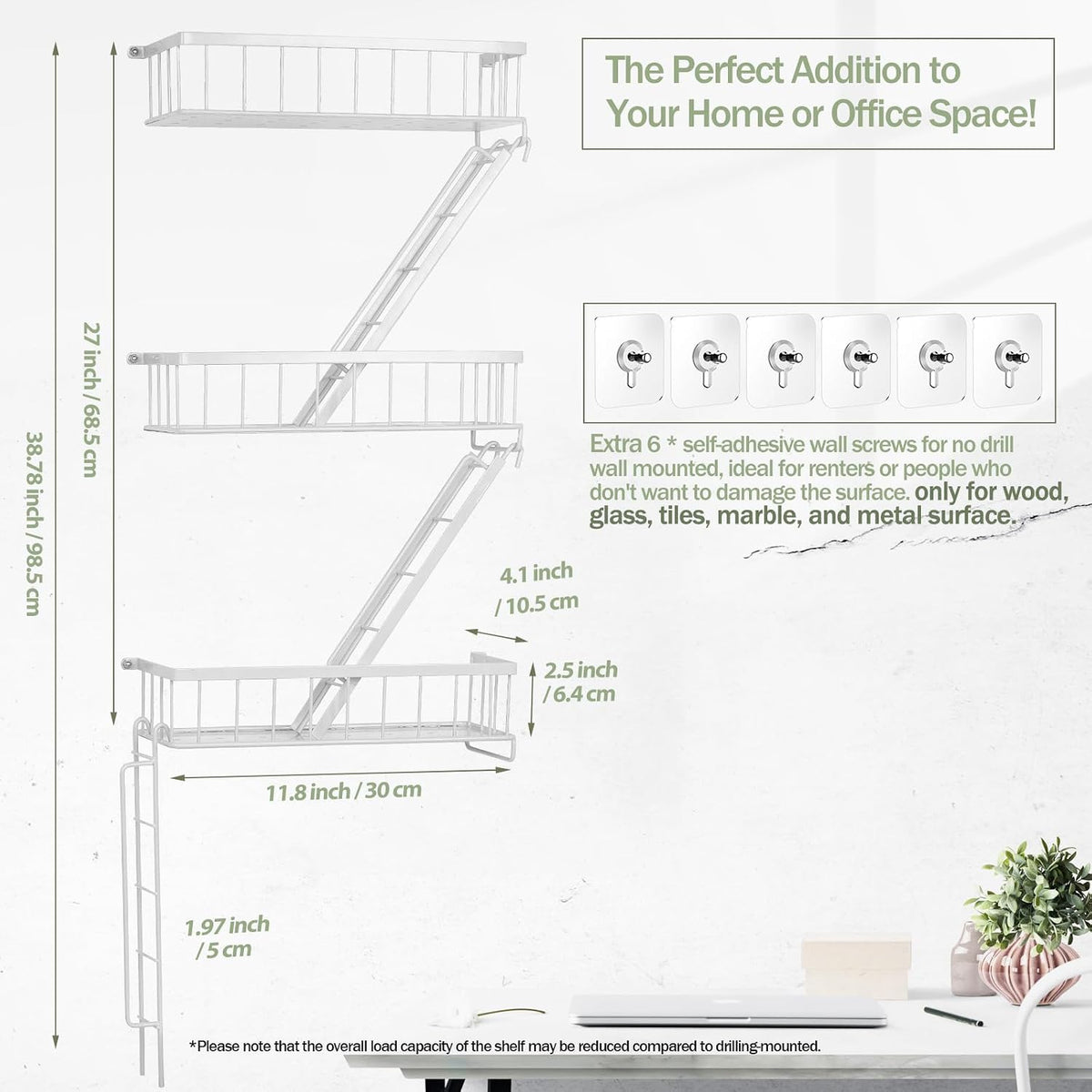 SweetSage Fire Escape Shelf - 3 Tier White Wall Display Floating Shelves, Metal Decorative Shelving for Bedroom, Home Décor, Action Figure Display
