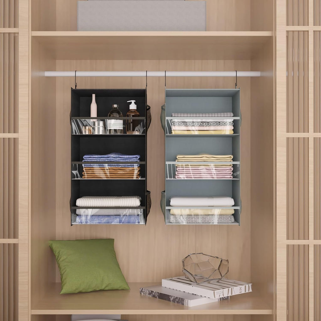 3 Shelf Hanging Closet Organizer Front Lip Design, Wider and Foldable Hanging Closet Wardrobe Storage Shelves with 4 Side Pockes, Clothes Handbag Shoes Accessories Storage, Black