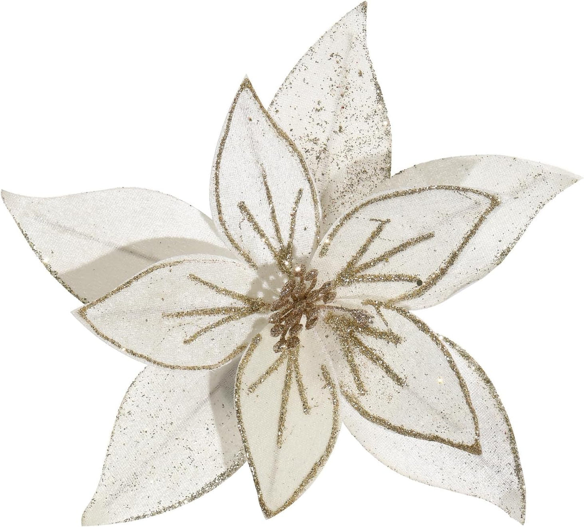 10.2’’ Large Glitter Christmas Flowers 6 Pcs Artificial Poinsettia Flower Velvet Christmas Tree Flower Ornaments Fold Floral for Christmas Decorations New Year Party Wedding (Cream White)