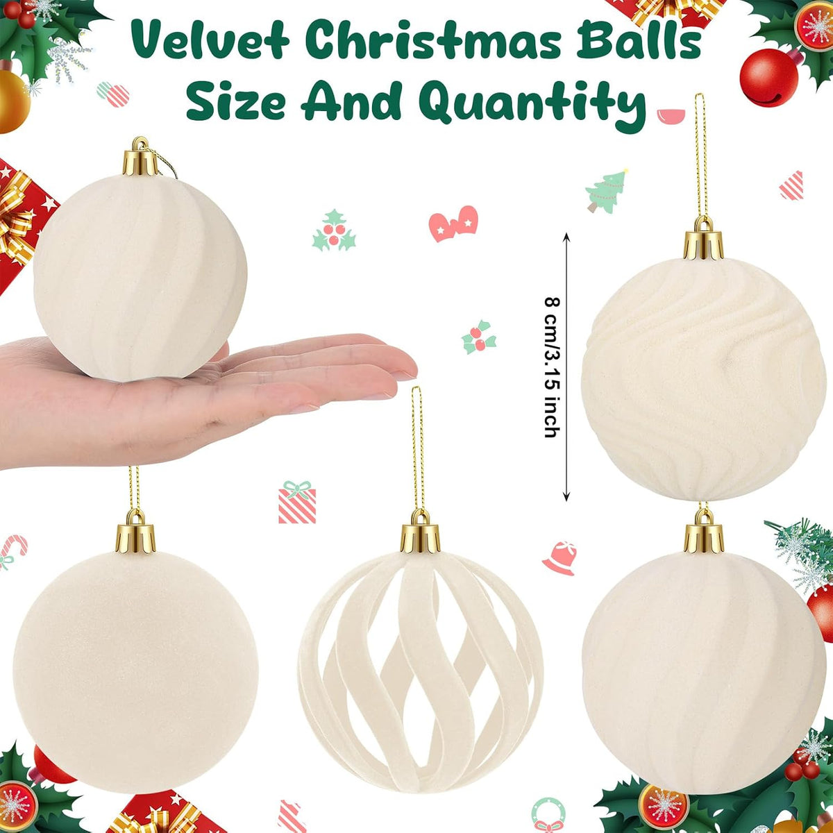 12Pcs 3.15in Velvet Cream Christmas Tree Balls Ornaments (Cream White)