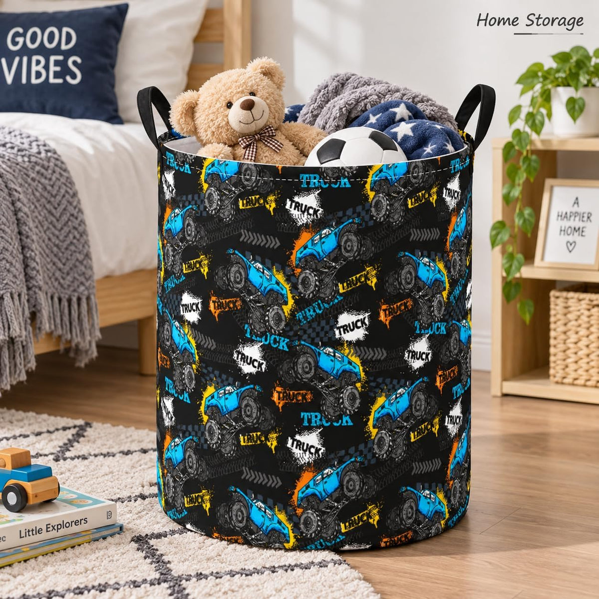 Truck Print Laundry Hamper, Collapsible Storage Basket with Handles