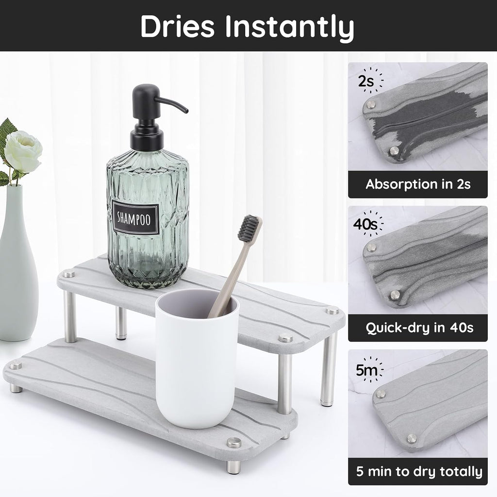Segbeauty 2 Tier Quick Dry Diatomaceous Earth Stone Tray, 11x4.3in Water Absorbing Bathroom Tray Countertop Organizer Instant Drying Vanity Tray, Kitchen Counter Dish Soap Dispenser Rack Sponge Holder