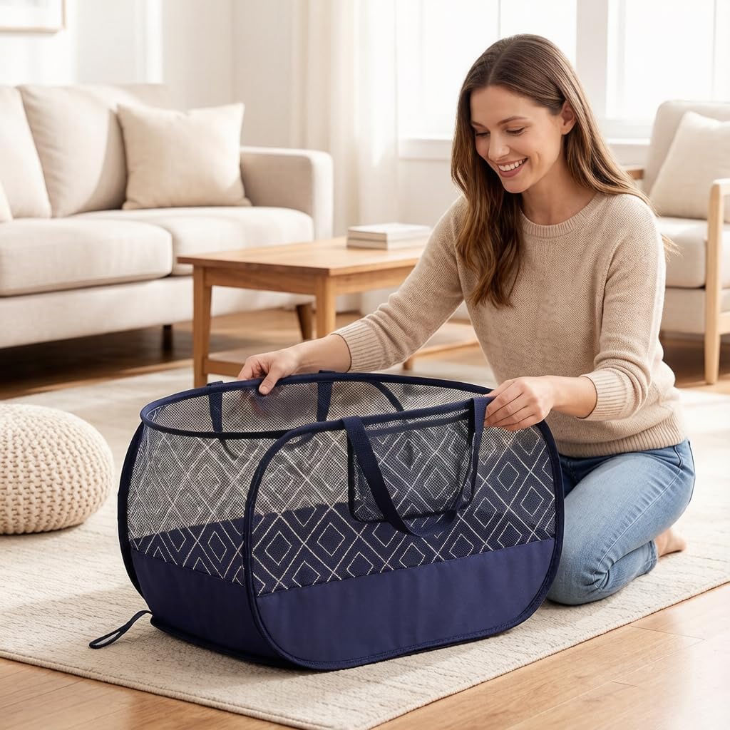 100L Extra Large Mesh Pop Up Laundry Hamper 2 Pack with Pocket and bag