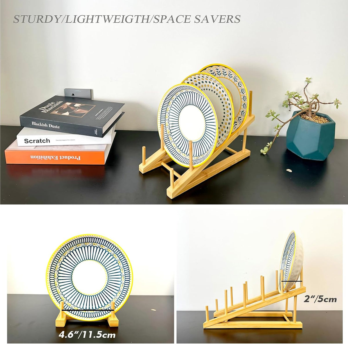 5 Pack Plate Stands For Display, Wooden Multi Plate Holder Organizer