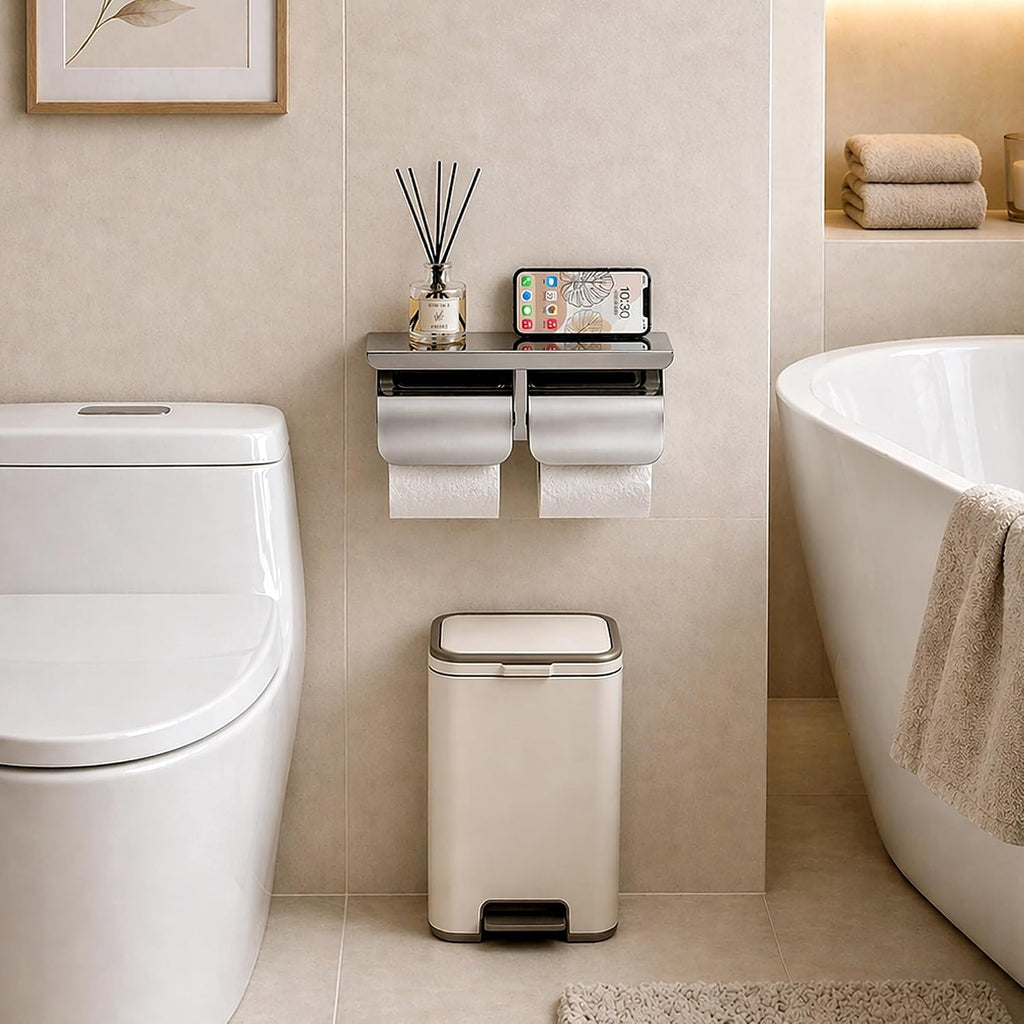Double Toilet Paper Holder with Phone Storage Shelf Polished Chrome