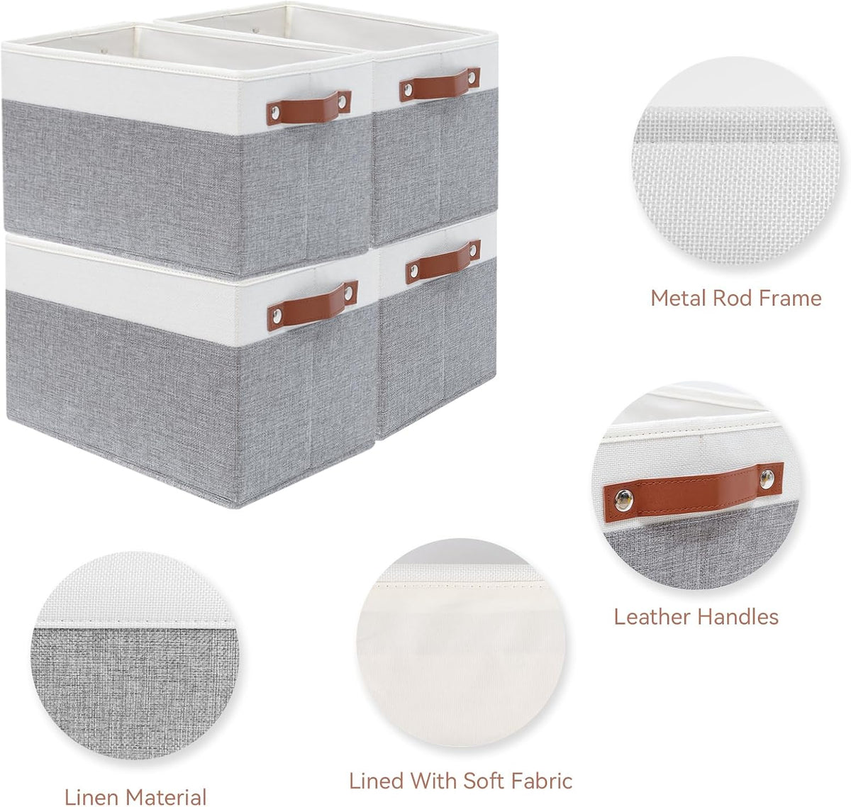 SNWDN 4 Pack Collapsible Fabric Storage Baskets with Handles (White/Grey 15''Lx10.2''Wx9''H)