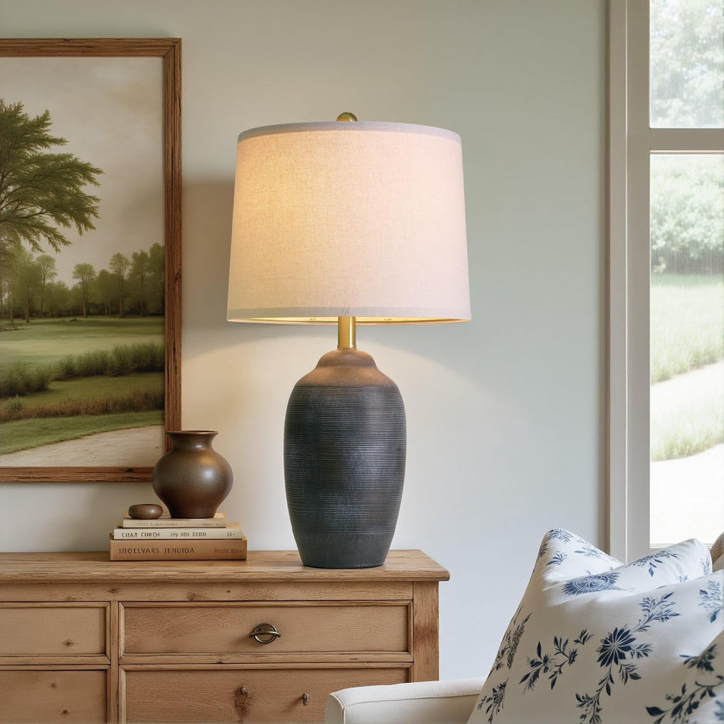 USumkky 24.5" Vintage Ceramic Table Lamp with 5FT Cord- Single Farmhouse Rustic Bedside Lamp with Natural Textured Finish, Nightstand Lamps for Bedroom, Living Room, End Table, Office Retro Black