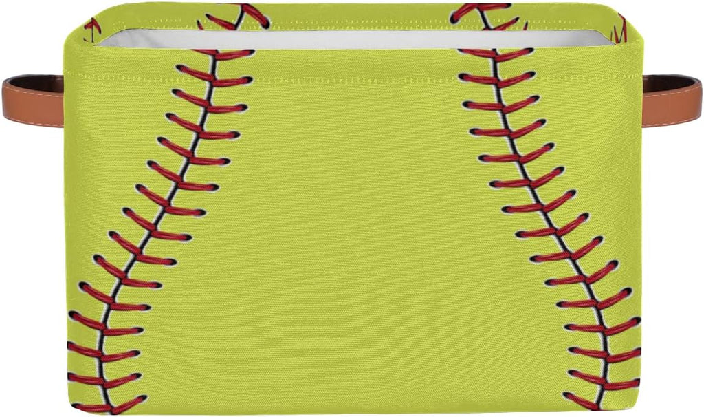 Large Storage Baskets for Organizing Shelves Sport Softball Yellow Baseball Foldable Cube Storage Bins with Handles Rectangle Fabric Closet Organizers for Home Toys Nursery, 1 Pack