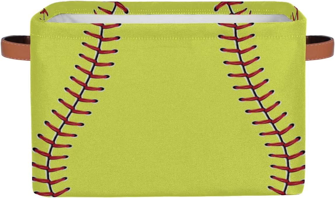 Large Storage Baskets for Organizing Shelves Sport Softball Yellow Baseball Foldable Cube Storage Bins with Handles Rectangle Fabric Closet Organizers for Home Toys Nursery, 1 Pack
