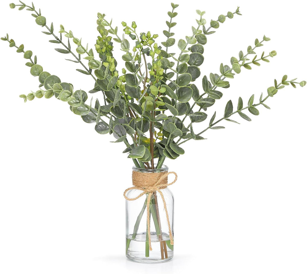 FAVOWREATH 6 Pcs Artificial Eucalyptus Stems with Glass Vase Fake Plants