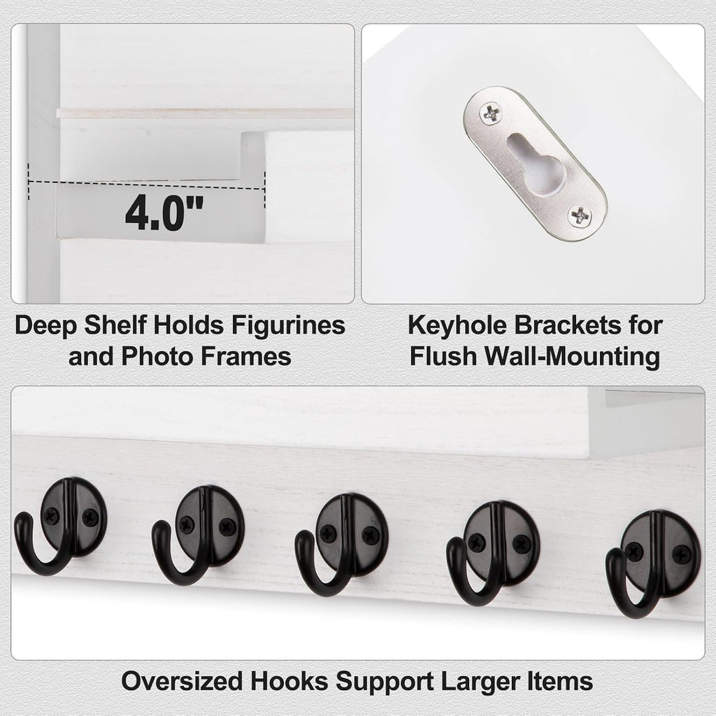 Lwenki Key Holder Wall Mount, Entryway Key and Mail Holder with 7 Sturdy Hooks for Sunglasses, Dog Leash, Decorative Wall Shelf with Mounting Hardware, 15”W x 6.7”H x 4.2”D (White)