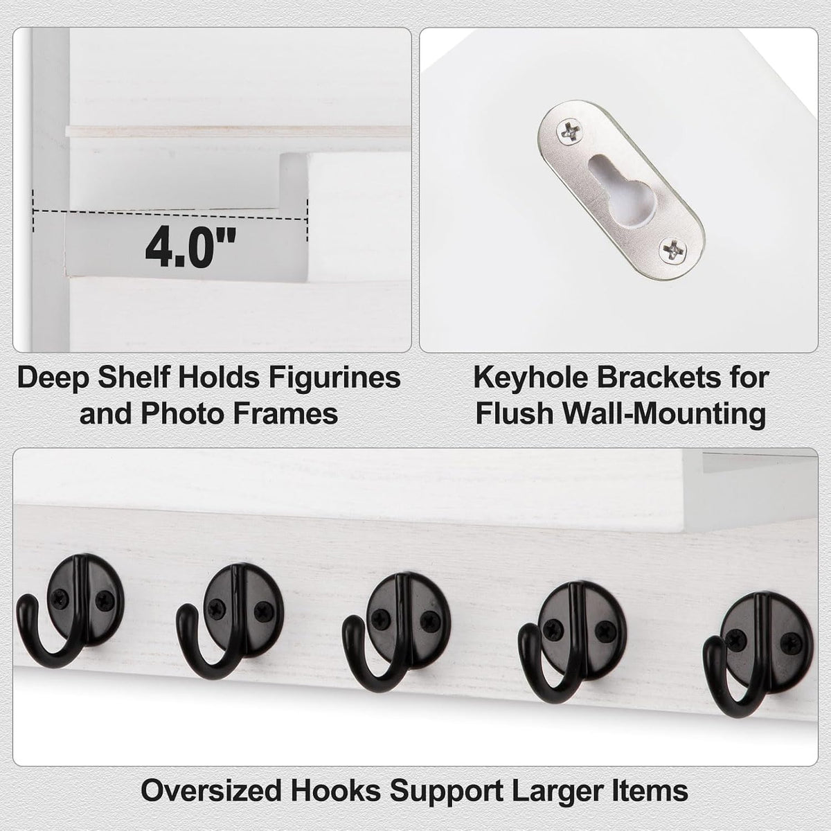 Lwenki Key Holder Wall Mount, Entryway Key and Mail Holder with 7 Sturdy Hooks for Sunglasses, Dog Leash, Decorative Wall Shelf with Mounting Hardware, 15”W x 6.7”H x 4.2”D (White)