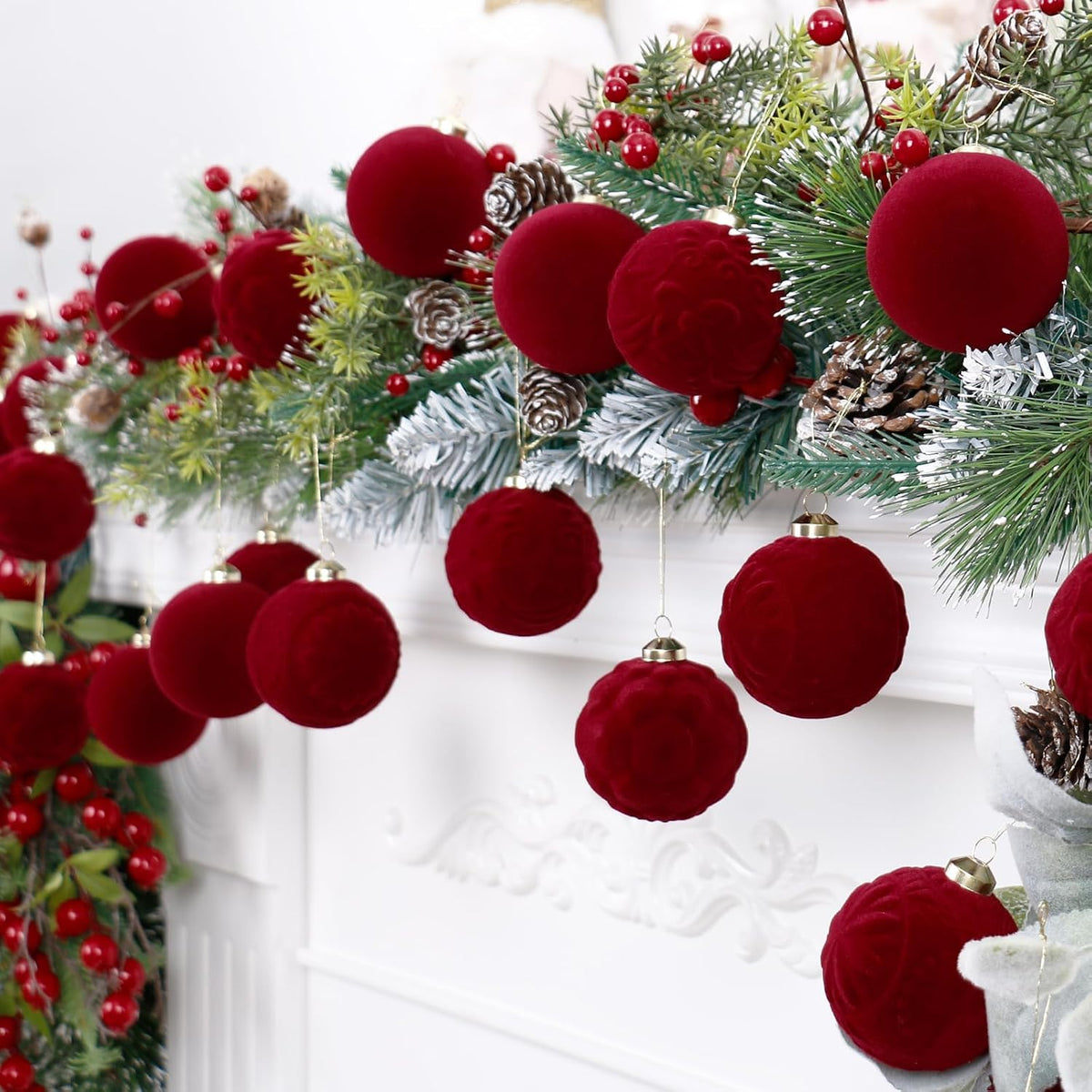 30PCS Burgundy Velvet Christmas Ball Ornaments for Xmas Tree Decorations