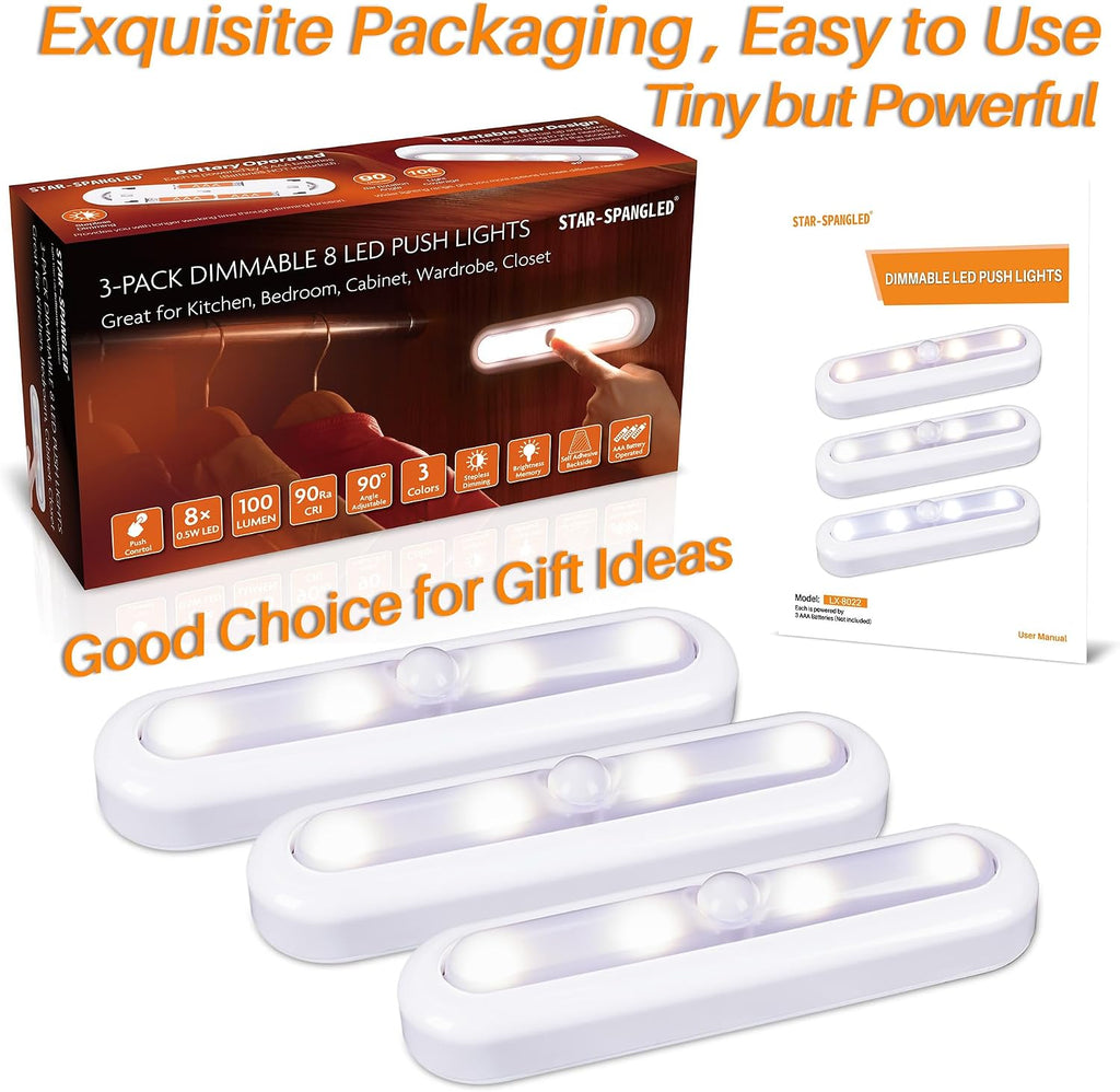 STAR-SPANGLED 7” Dimmable LED Stick on Push Tap Lights AAA Battery, 3 Pack