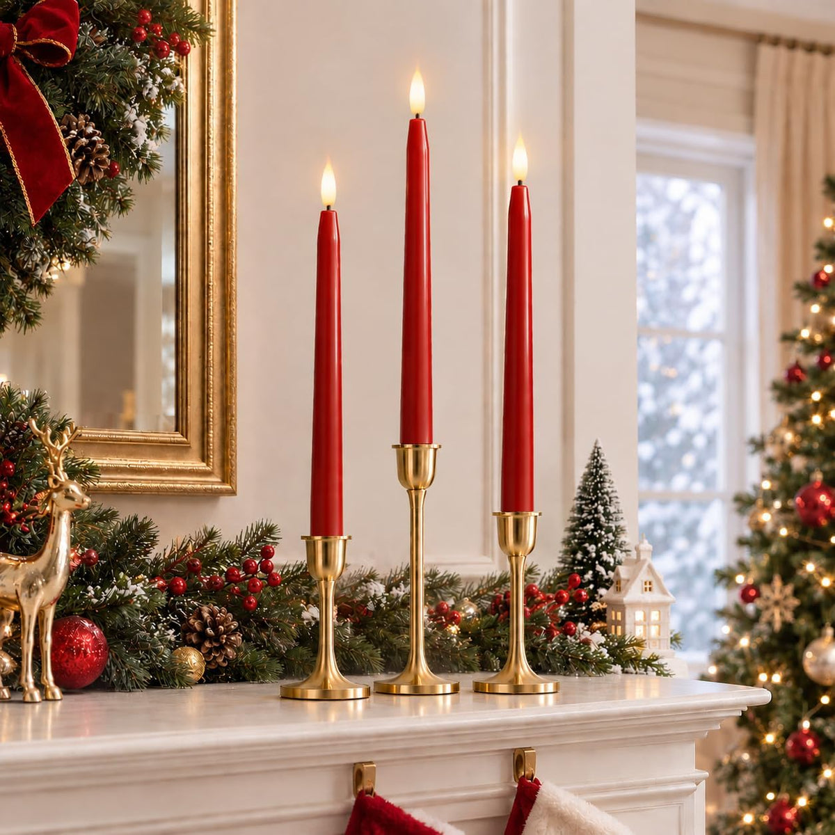 Red Flameless Taper Candles, Battery Operated Christmas Candles with Remote