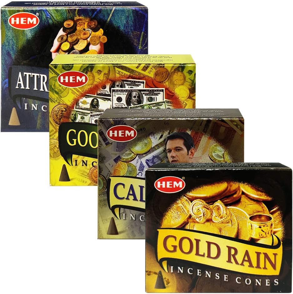 Hem Incense Cones Variety Pack #1 and Cone Incense Burner Bundle with 4 Money Luck and Business Themed Fragrances