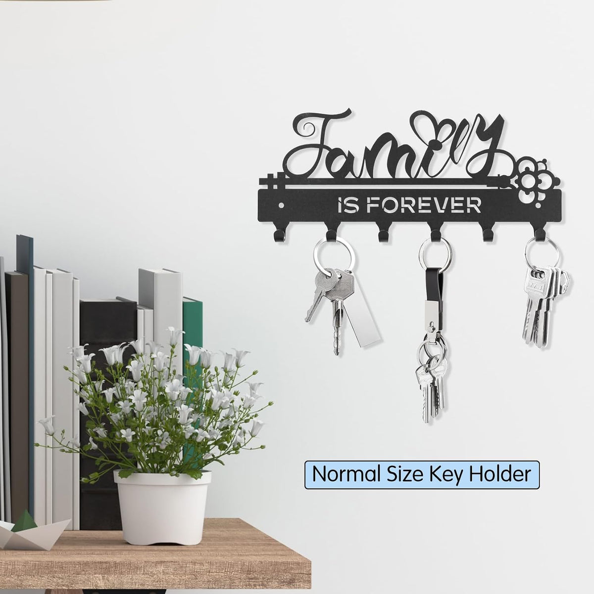 ”Family Is Forever“Key Holder Wall Mounted, Black Metal, Size:11x4.84inches