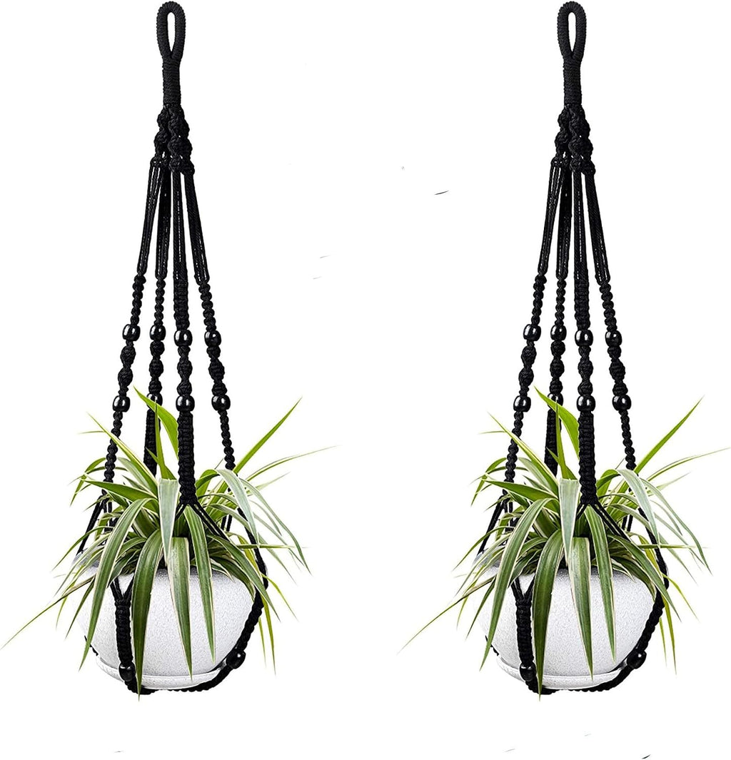 Macrame Plant Hanger Indoor Hanging Planter Basket with Wood Beads Handmade Woven Cotton Rope Flower Pot Holder Stand for Boho Outdoor Home Decor No Tassels, 35 Inch, Set of 2