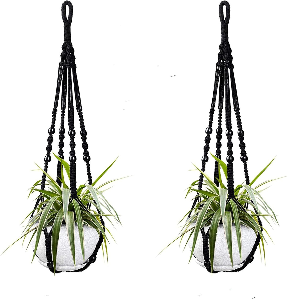 Macrame Plant Hanger Indoor Hanging Planter Basket with Wood Beads Handmade Woven Cotton Rope Flower Pot Holder Stand for Boho Outdoor Home Decor No Tassels, 35 Inch, Set of 2