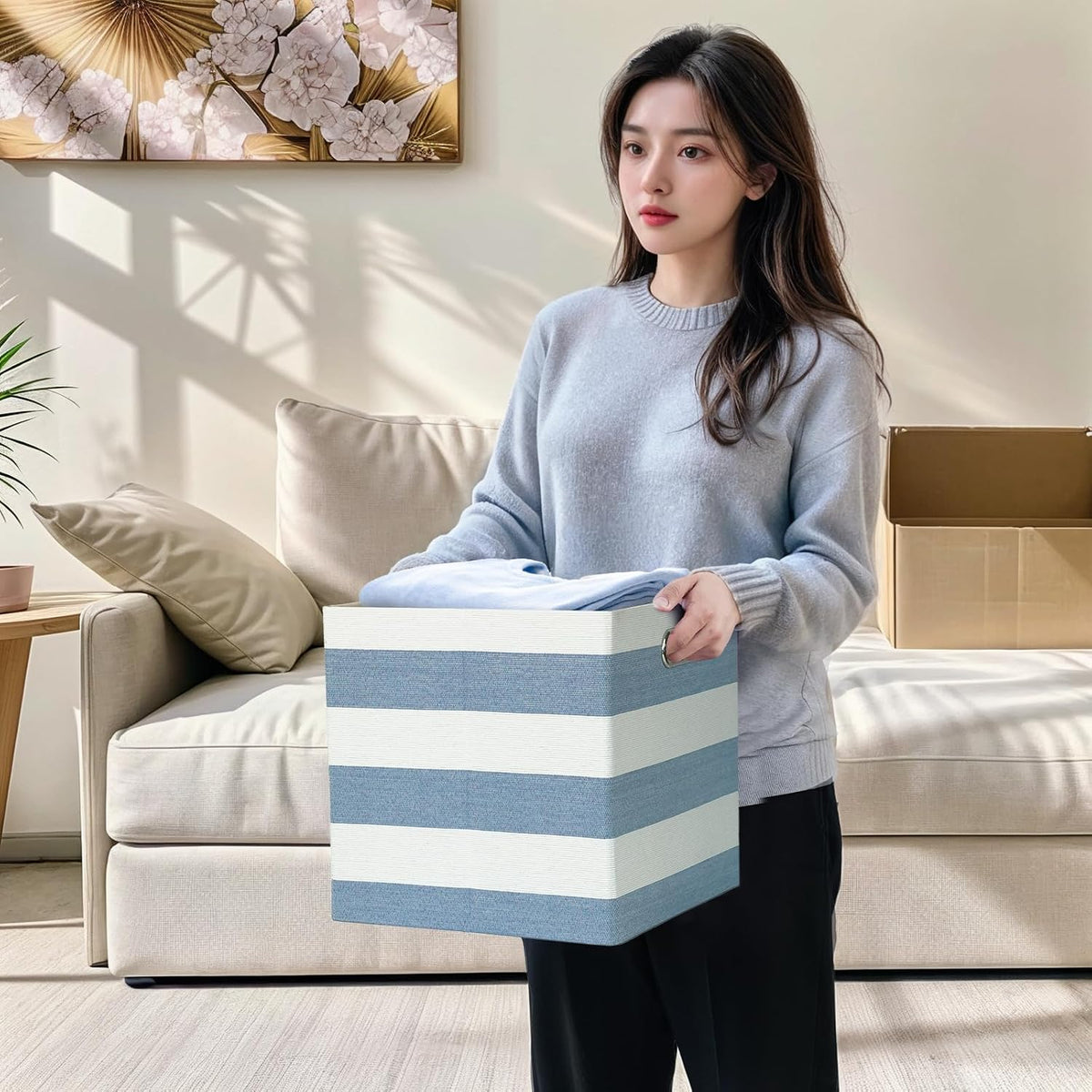 11 x 11 x 11 Inch Linen Stripe Storage Cubes for Home Organizing, Pack of 4