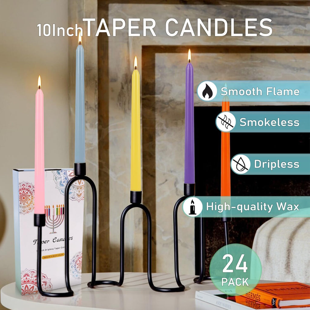 Howemon 24 Pack 10" Tall Colored Taper Candles, Dripless Unscented Colorful Candlesticks for Birthdays Dinner Party Home Décor, Long Burning Spell Chime Candles for Witchcraft Ritual Prayer Meditation