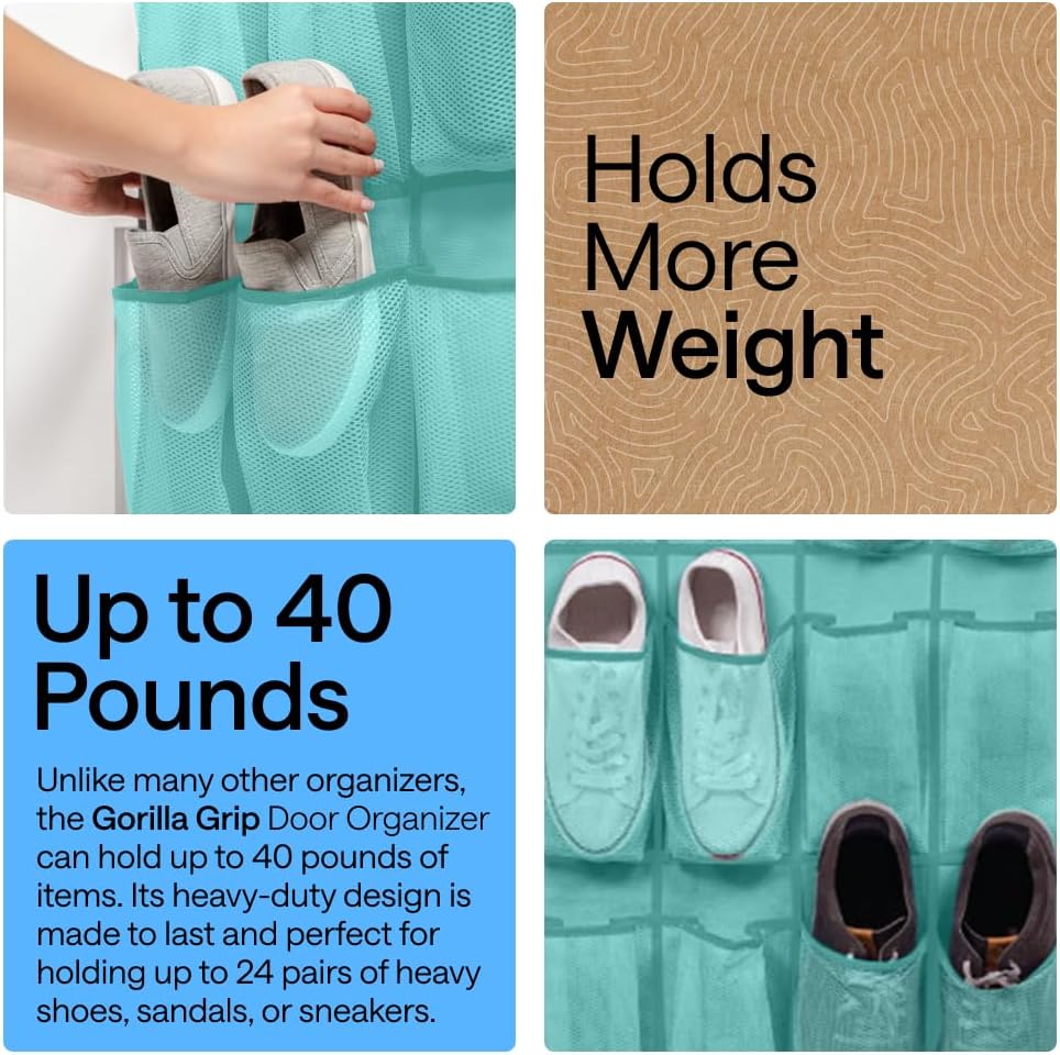 GORILLA GRIP Over the Door Shoe Organizer, 24 Large Pockets, Turquoise