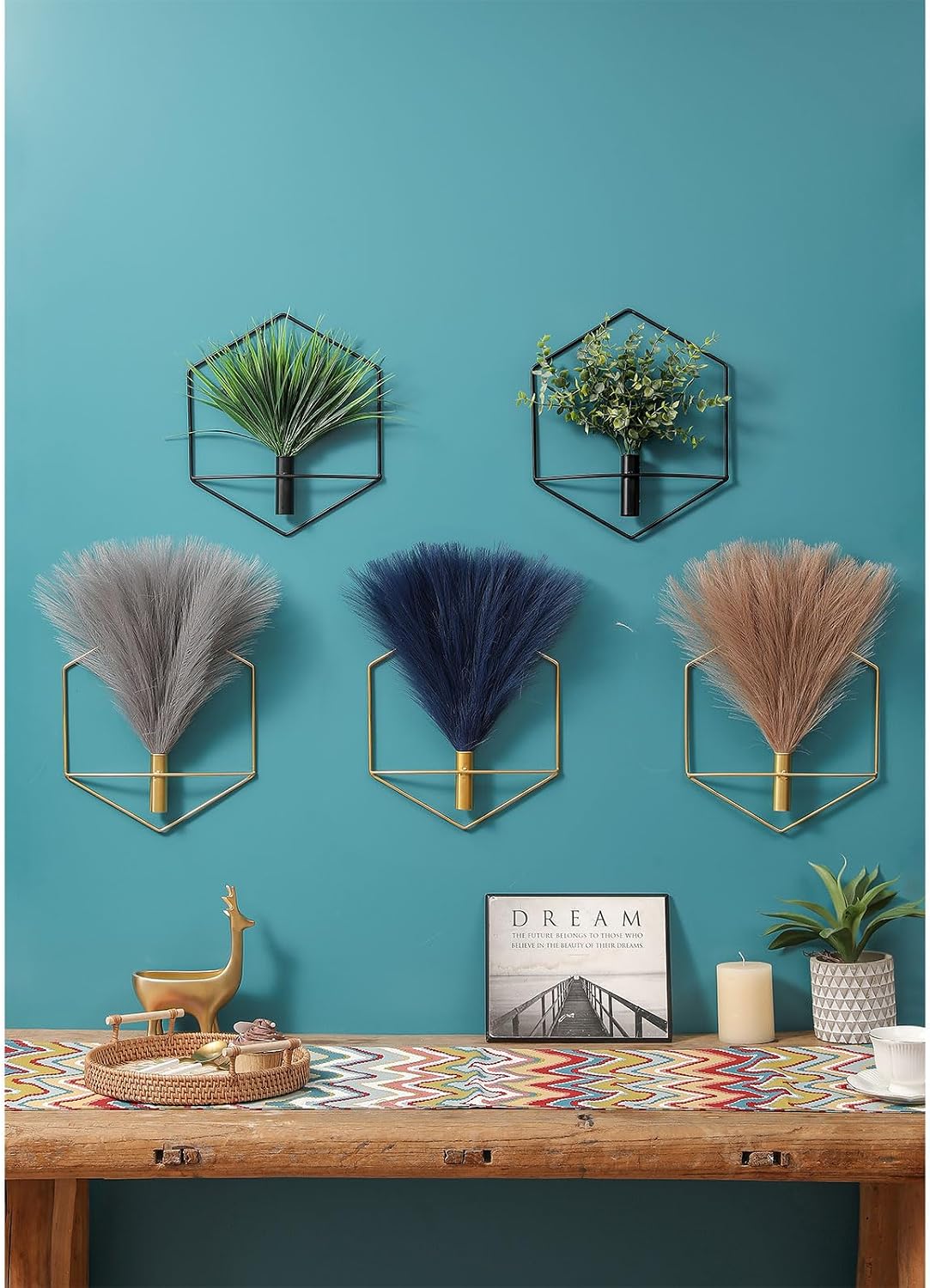 Pretty Jolly Boho Hexagonal Wall Decor Metal Hanging Pampas Display