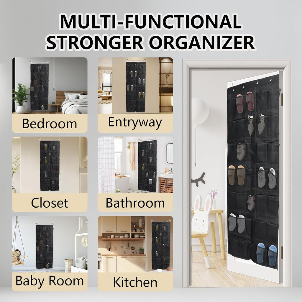 Over the Door Shoe Organizer, 35 Mesh Pockets, Black, 4 Metal Hook