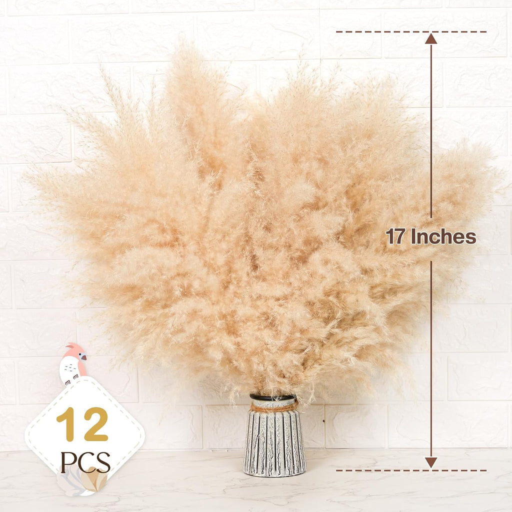 Pasuvsigt 12Pcs 17 Inch Dried Pampas Grass Fluffy Stem Home Wedding Decor