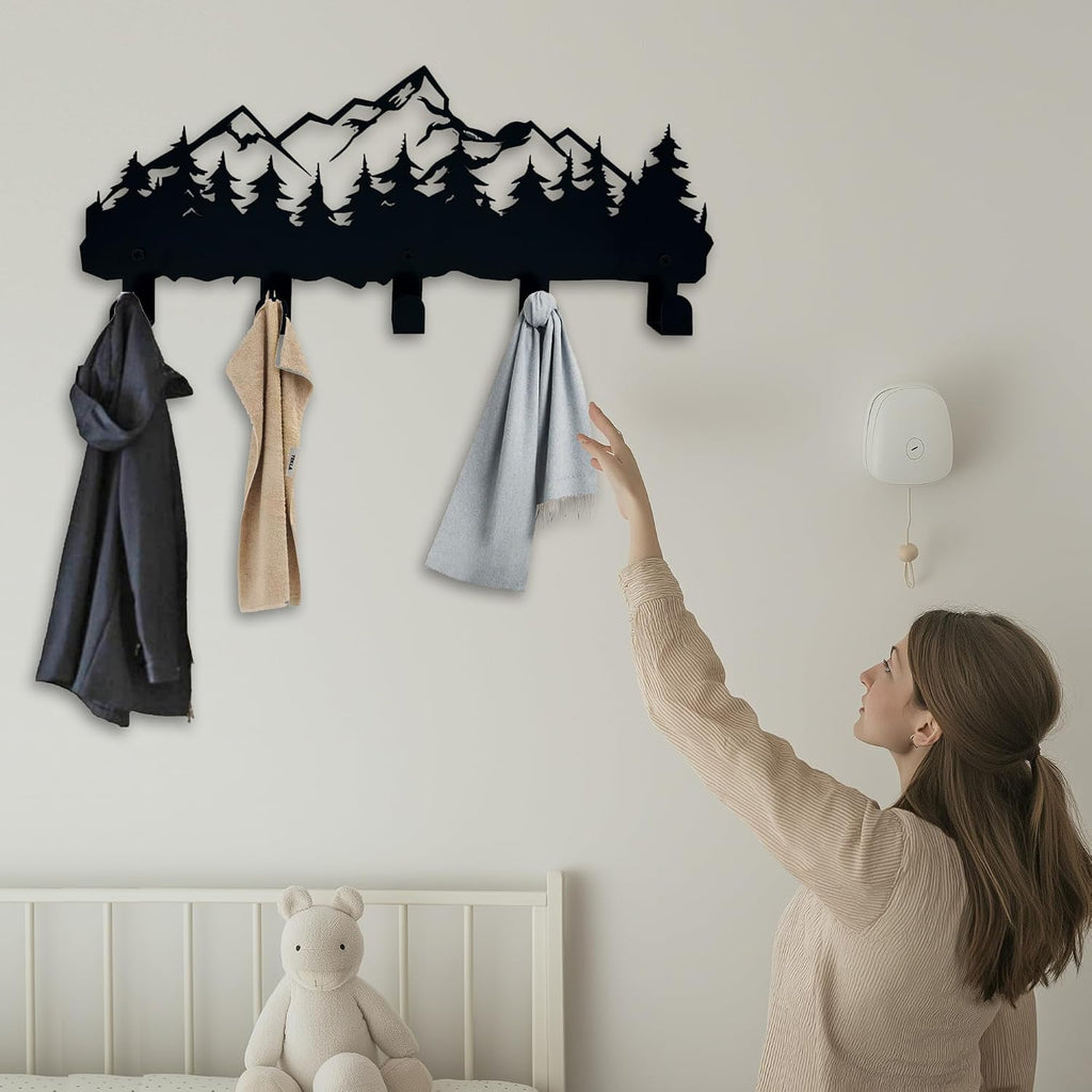 Metal Mountain Coat Hooks and Key Holder, Mountain Design Wall Art Decor, Clothes Hat Rack, and Backpack Hanger, Storage Decor for Living Room, Hallway, Office, Kitchen, Entryway, and Bedroom