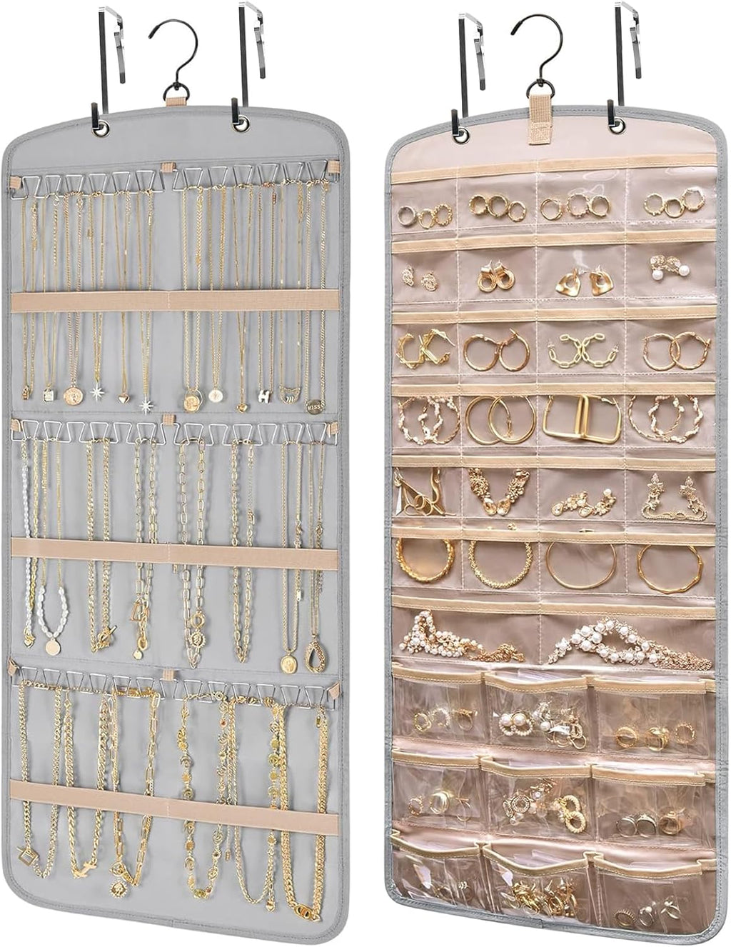 Wome Over the Door Jewelry Organizer Hanging: Double-Sided Storage with 28 Small 2 Large 9 Medium Pockets for Earrings Necklaces Rings Durable Polyester for Door or Closet or Wall or Glass (grey)