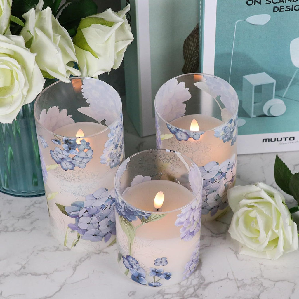 Hydrangea Glass Flameless Candles Batttery Operated Remote Timer