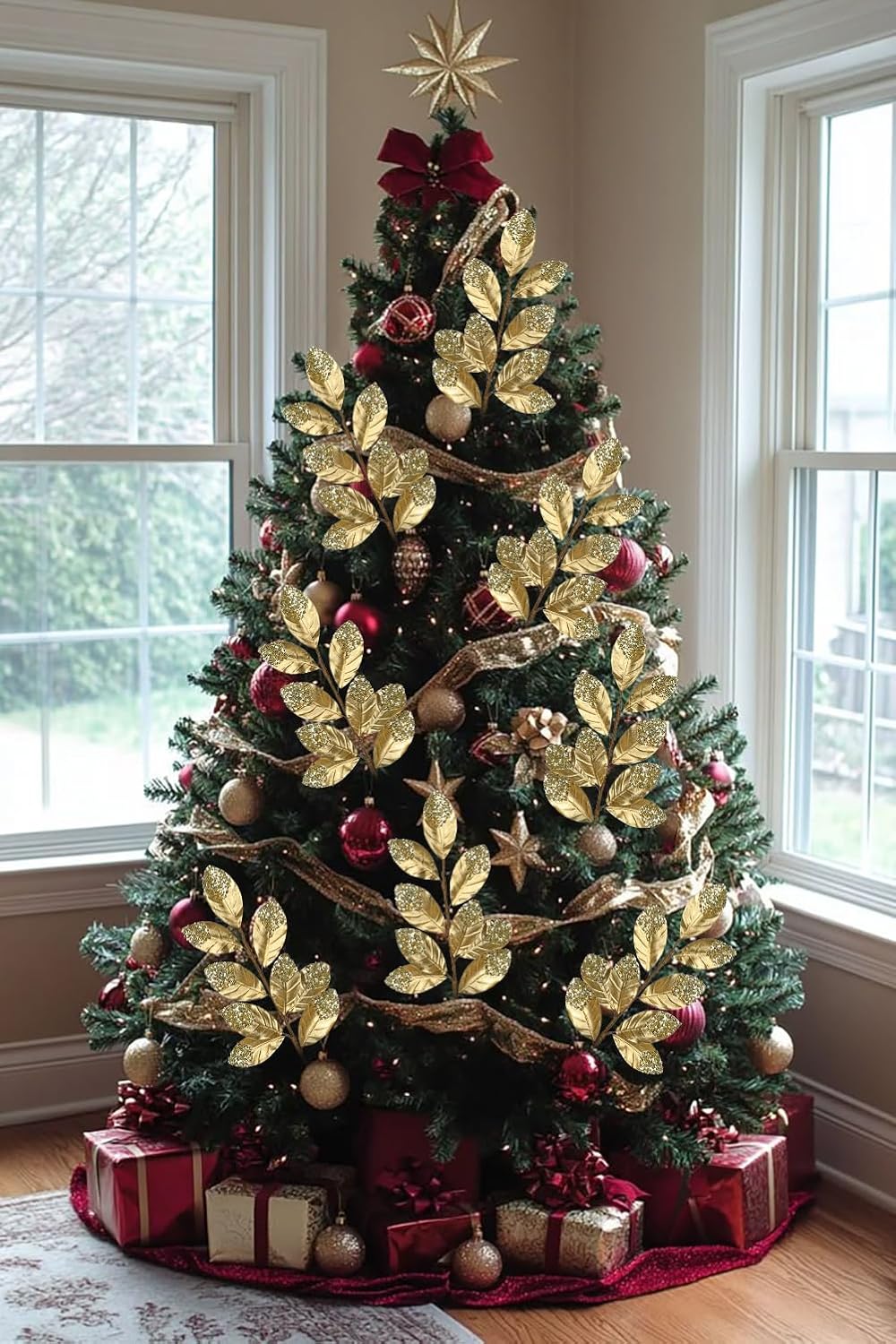 Hollyone Christmas Tree Picks and Sprays 3Pcs Gold Artificial Magnolia Stems Magnolia Leaves Branches Fake Gold Leaf Floral for Vase DIY Xmas Tree Garland Wreath Centerpieces Wedding Decor