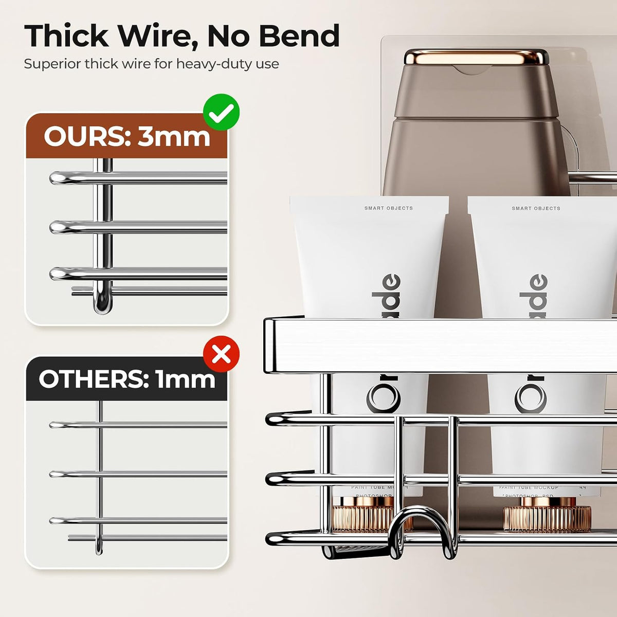 Orimade Adhesive Shower Caddy Soap Dish Holder Shelf with 5 Hooks Bathroom Organizer Basket Kitchen Storage Rack Wall Mounted No Drilling Stainless Steel - 3 Pack,Silver