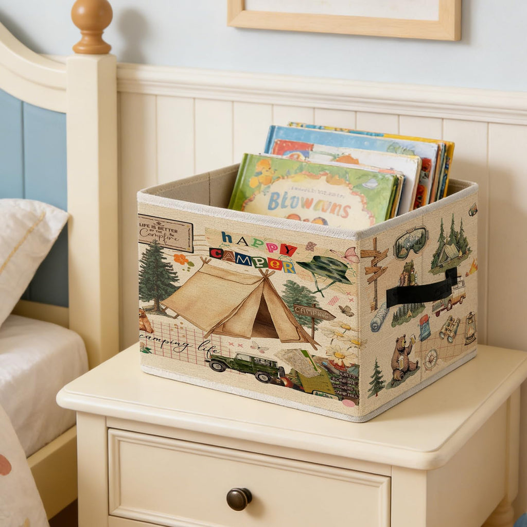 Vintage Camping Storage Bins, Camping Lover Gifts Foldable Closet Organizers Storage Basket Toybox for RV Camper Kids Room Playroom Bedroom Clothes Toys Books
