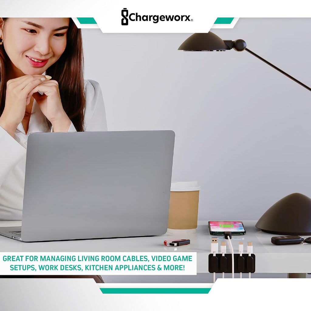 Chargeworx Magnetic Cable Holder Cable Management Multipurpose Desktop Cable Management System, 10-Pack, Great for USB-C, Lightning, Micro-USB & Other Cables Sticks to Any Surface (Black - 10 Pack)