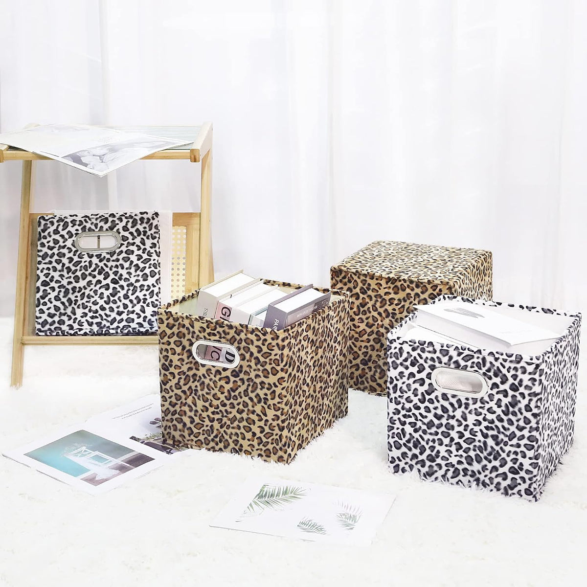 ANMINY Leopard Cheetah Print Storage Cubes Bins, Velvet, Brown, 11Inch 2PCS