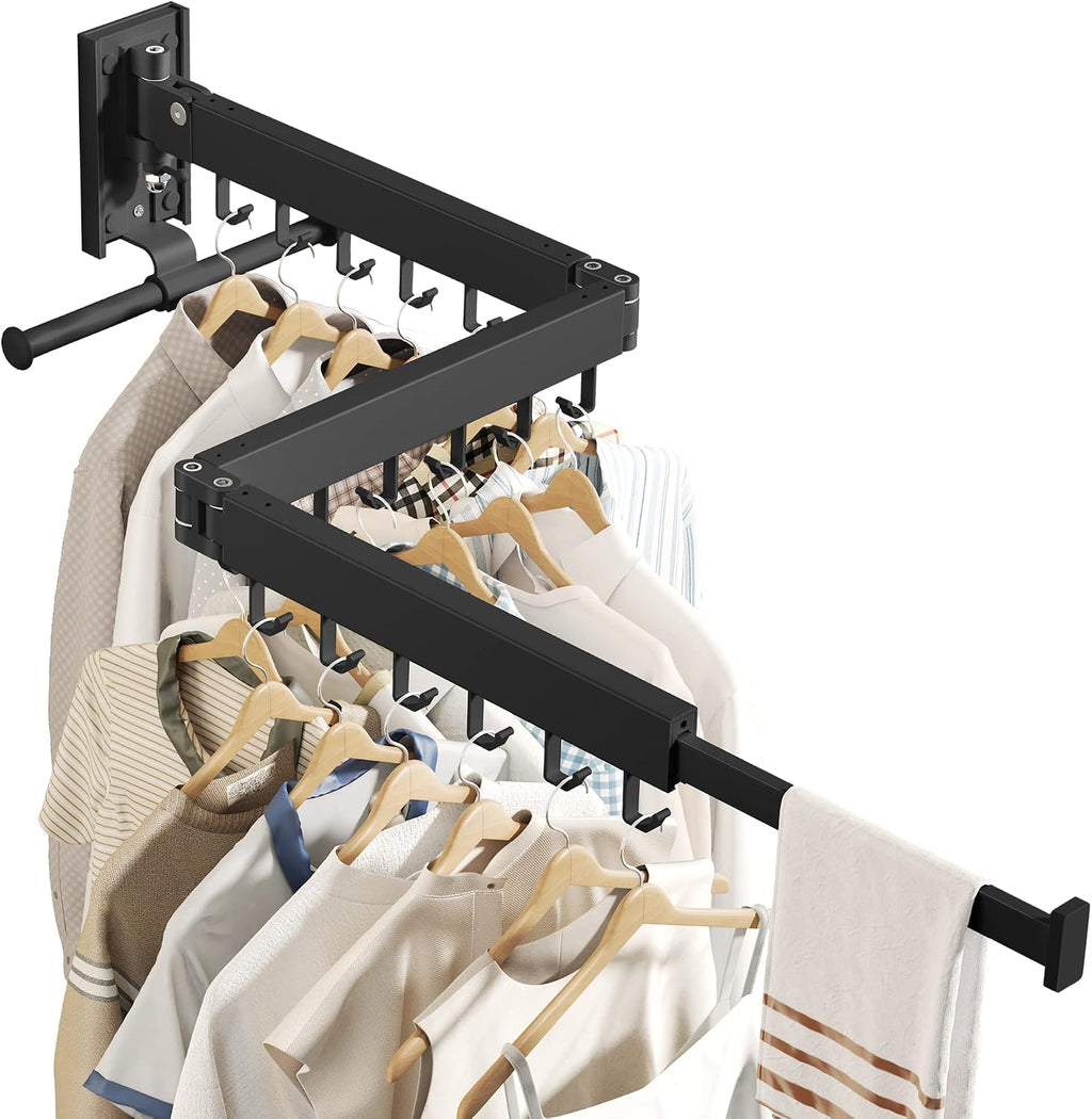 BOQORAD Drying Rack Clothing, Retractable Clothes Drying Rack,Wall Mounted Laundry Rack, Laundry Drying Rack Wall Mount,Collapsible Clothes Rack,can Fold Upward & Left & Right,Black Color