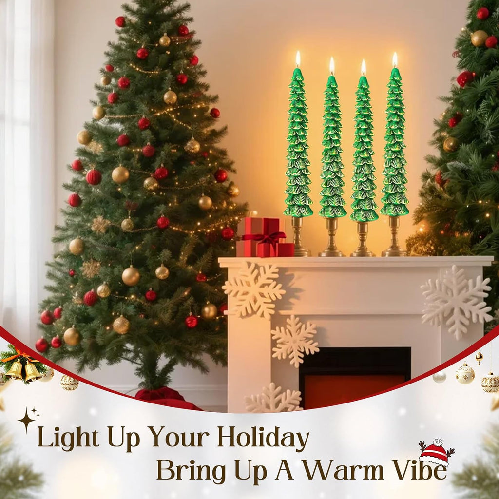 2 Pcs 10 Inch Christmas Tree Candles, Premium Natural Unscented Beeswax Christmas Tree Shaped Taper Candles with Cotton Wick, for Xmas Holiday Decor Party Banquet (Green with Gold Trim)