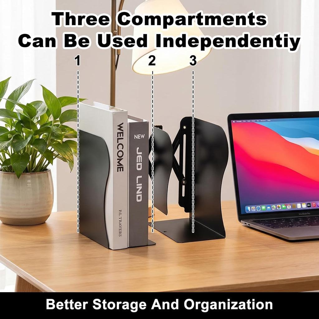2 Pack Adjustable Bookends Heavy Duty Metal Bookends for Heavy Books Shelves Book End Bookshelf Organizer for Desk Large Black 19 Inch