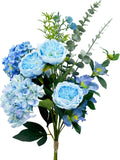 Artificial Flowers Bouquet – Fake Silk Hydrangea Peony and Eucalyptus Mix, Faux Flower Arrangements for Home, Office Decor and Dining Table Centerpieces (Blue)