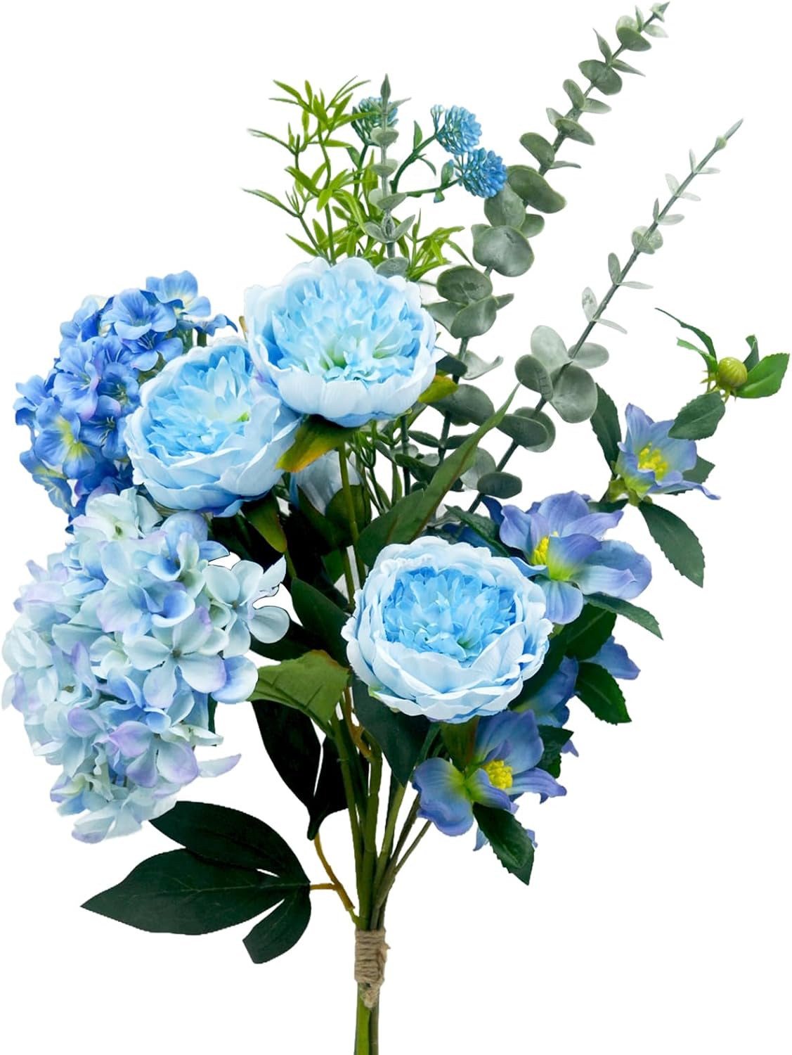 Artificial Flowers Bouquet – Fake Silk Hydrangea Peony and Eucalyptus Mix, Faux Flower Arrangements for Home, Office Decor and Dining Table Centerpieces (Blue)