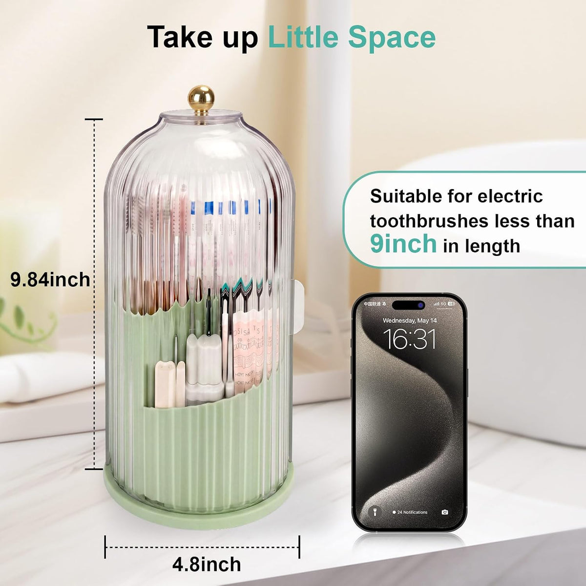 QIYVLOS Toothbrush Holders with Sliding Lid, Rotating 3 Slots Bathroom Organizer Countertop, Tooth Brush Toothpaste Holder Bathroom Counter Stand Sink Organizer Caddy for Makeup Brushes Holder (Green)